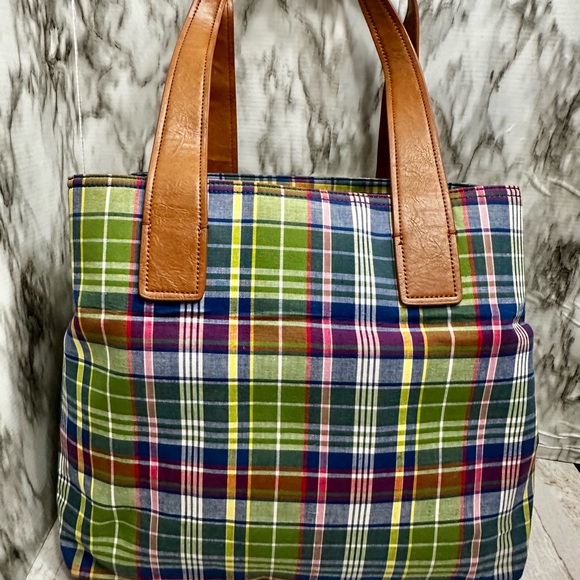Tommy Hilfiger Green Blue Plaid Tote Preppy Nautical Checked Classic Belt Detail - Picture 11 of 16
